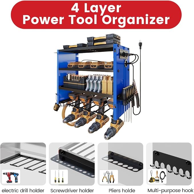 4-Tier Power Tool Organizer, Built-in 2-Outlet Charging Station for Small Garages,400lb Capacity 12mm Steel Drill Holder & Battery Storage for DIY Workshops (4 Slots with 2 Outlets Power Strip)