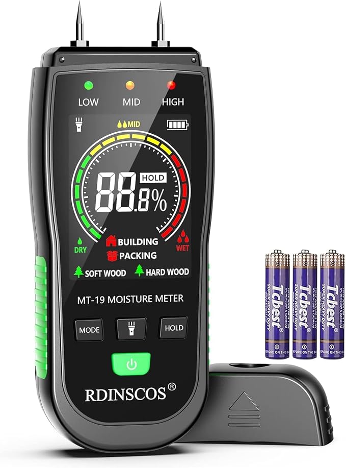 RDINSCOS Digital Moisture Meter Pin-Type Wood Moisture Detector | For Firewood, Lumber, Woodworking, Auto Alarm,Replaceable Pins, Built-in Flashlight, Home Inspection & Water Damage