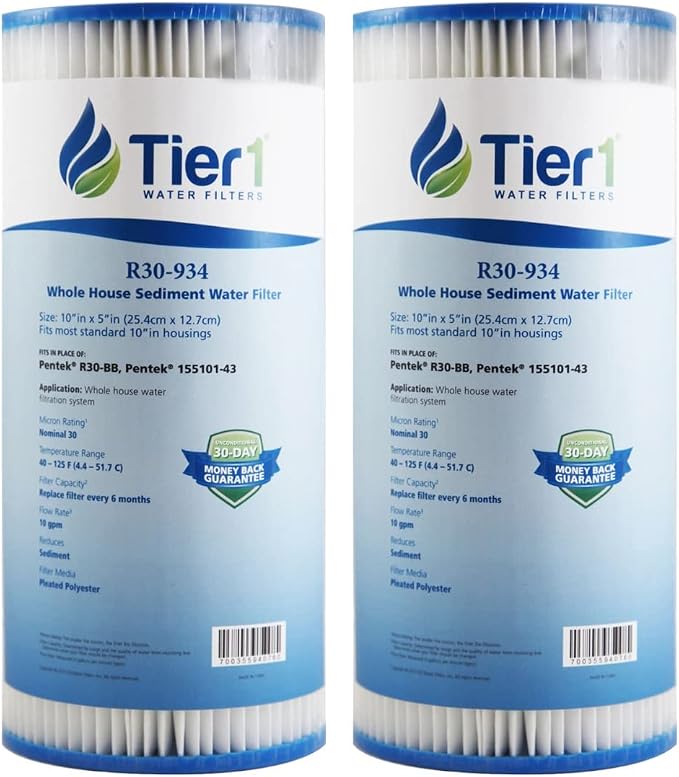 Tier1 30 Micron 10 x 4.5 Water Filter | Pleated Polyester Whole House Sediment Cartridge | Replacement for Pentek R30-BB Water Filter, 155101-43, RS6, SPC-45-1030 | 4.5x10 High Flow Pre-Filter (2pk)