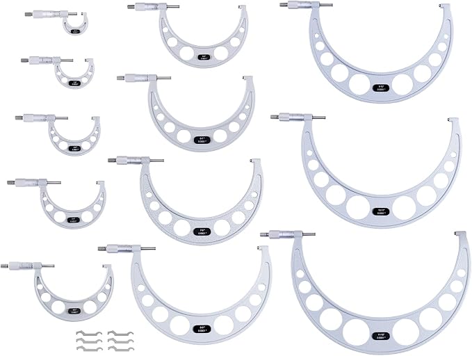 Accusize Industrial Tools 0-12'' by 0.0001'', 12 Pcs Ultra-Precision Outside Micrometers Set with Carbide Tips, Eg00-0912 | Carbide Tipped M-Type Micrometers With Ratchet, Lock Nut, Standards and Wrenches, Solid Case, EG00-0912