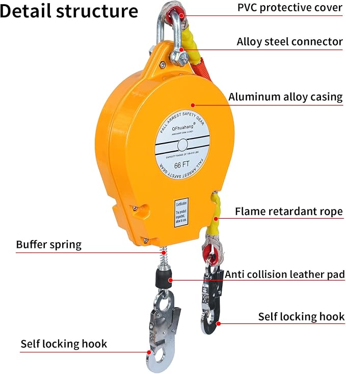 66FT Self Retracting Lifeline, Adjustable Retractable Lifeline Fall Protection Rope, Heavy Duty Retractable Lanyard, Roofing Lifelines, Industrial Fall Arrest Retractor