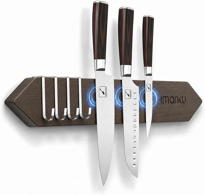 imarku 16" Magnetic Knife Strip, Heavy Duty Wall Mounted Knife Holder, Secure Magnetic Grip for Easy Organization, Kitchen Utensil Rack with 4 Hooks, dark