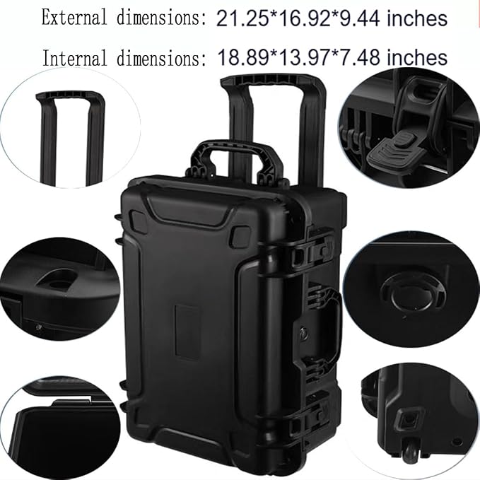 21" L x 16" W x 10" H Large Hard Case with Foam, Portable Rolling Hard Case with Wheels, Waterproof Shockproof Dustproof, Suitable for Cameras, Lenses, Camcorder, Instrument, Telescopes
