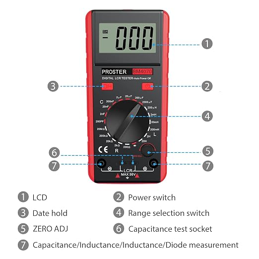 Proster LCR Meter - Capacitance Inductance Resistance Tester Multimeter Self-Discharge with Overrange Display