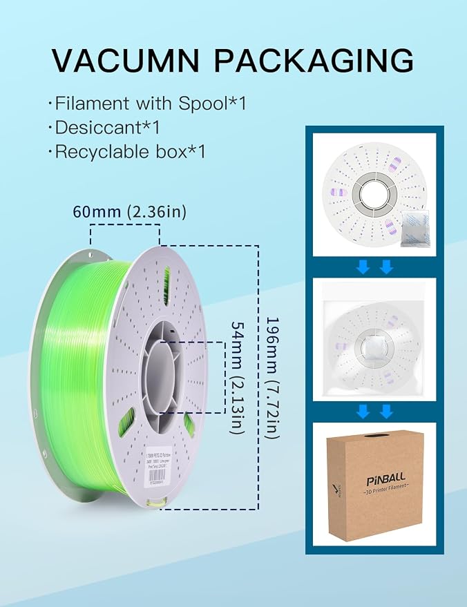 PINBALL PETG Rainbow 3D Printer Filament 1.75mm, Multicolor Transparent PETG Filament, Accuracy +/- 0.02 mm, 1kg Spool (2.2lbs), Lime Color