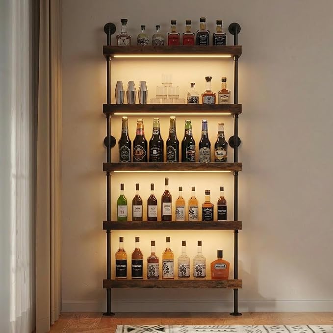 5-Tier Wall Mounted Wine Rack with LED, Industrial Pipe Bar Shelf for Wine Bottle Storage, Industrial Pipe Shelves Shelf Shelving for Home Bar Dining Room Kitchen (31.5INCH-LED)