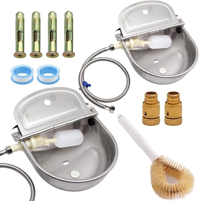 Automatic Animal Watering Bowl 304 Stainless Steel with Float Valve & Drainage Hole – Wall Mount Livestock Waterer for Dogs, Horses, Goats, Pigs, Chickens, Includes 39" Hose, 3/4" Adaptor