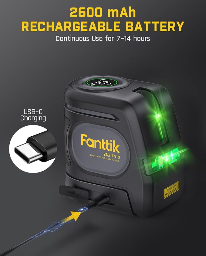 Fanttik D2 PRO Laser Level, Self-leveling Laser Level with LED Screen, 200 ft Outdoor Green Cross Line, 130° Vertical Beam Spread Cover, 2600 mAh Rechargeable Battery, 360° Magnetic Base