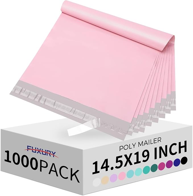 Fuxury Poly Mailers 14.5x19 Inch 1000 Pack, Bulk Shipping Bags for Clothing, Strong Adhesive Shipping Envelopes for Small Business Suppliers,Waterproof Mailers Poly Bags Mailing Envelopes Pink