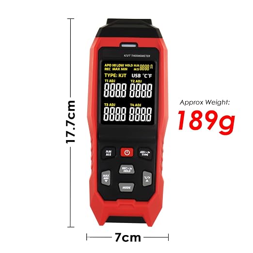 Thermocouple Thermometer Temperature Data Logger 4-Channel K/J/T Type Thermometer with 5000 Groups Data Logging and USB Export, -328~2501℉ Range HVAC Thermocouple Meter with Alarm & ADJ Compensation