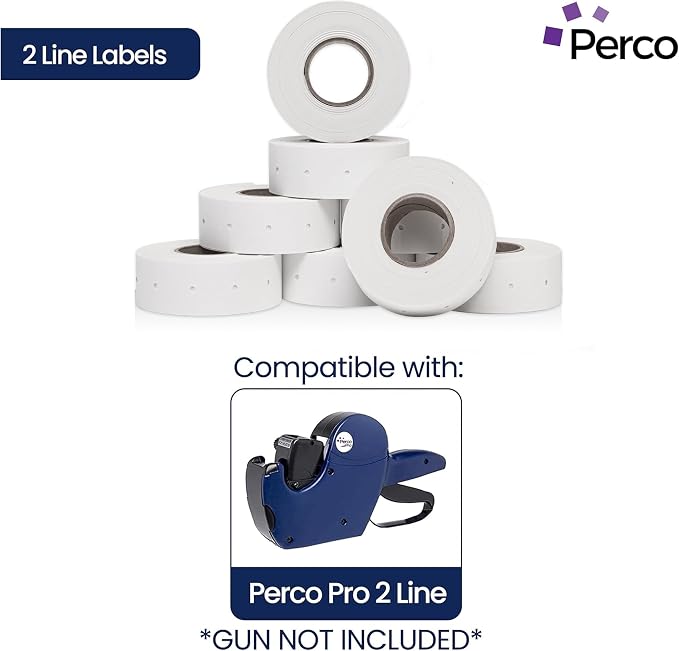 Perco 2 Line White Labels - 60,000 Blank Price and Date Gun Labels for Perco 2 Line Price and Date Guns - 80 Rolls, 10 Sleeves - Made in USA
