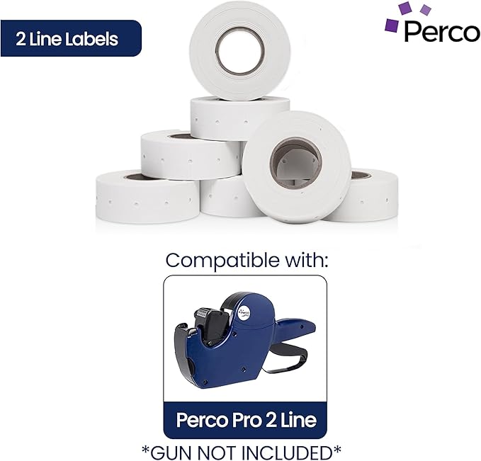 Perco 2 Line White Labels - 24,000 Blank Price and Date Gun Labels for Perco 2 Line Price and Date Guns - 32 Rolls, 4 Sleeves - Made in USA