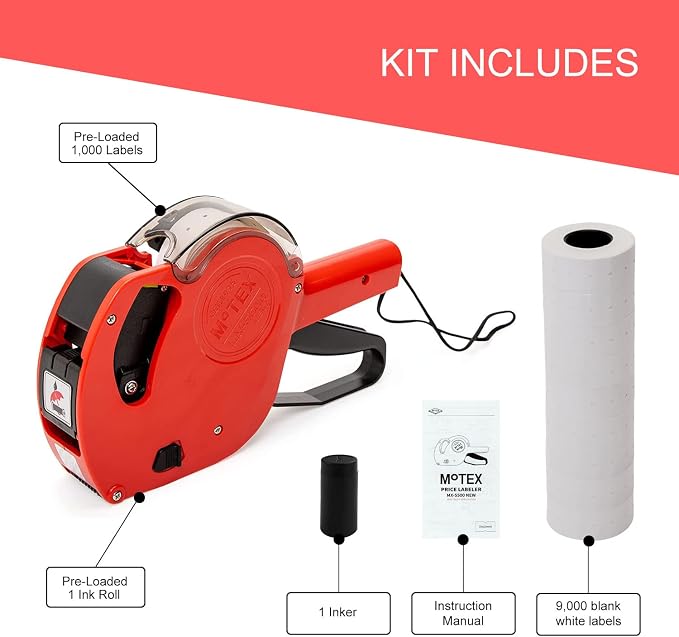 Motex MX-5500 New Version 1 Line 8 Digits Price Tag Gun Kit - Includes 10,000 White BlankLabels and 1 Pre-Loaded Inker with 1 Ink Refill - for Grocery Store, Retail Shop, Garage Sale (Red)