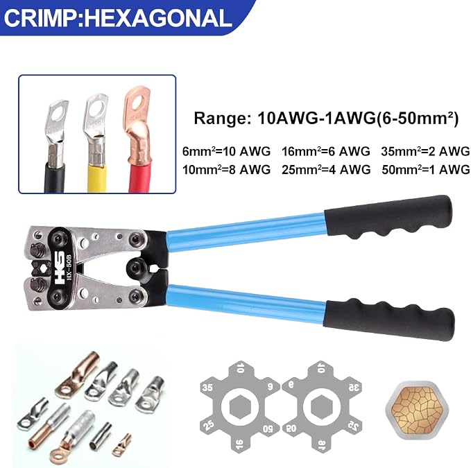 HKS Battery Cable Crimping Tool for AWG 10-1 Copper Ring Terminals with Cable Cutter, Heavy Duty Crimper for Wire Lugs