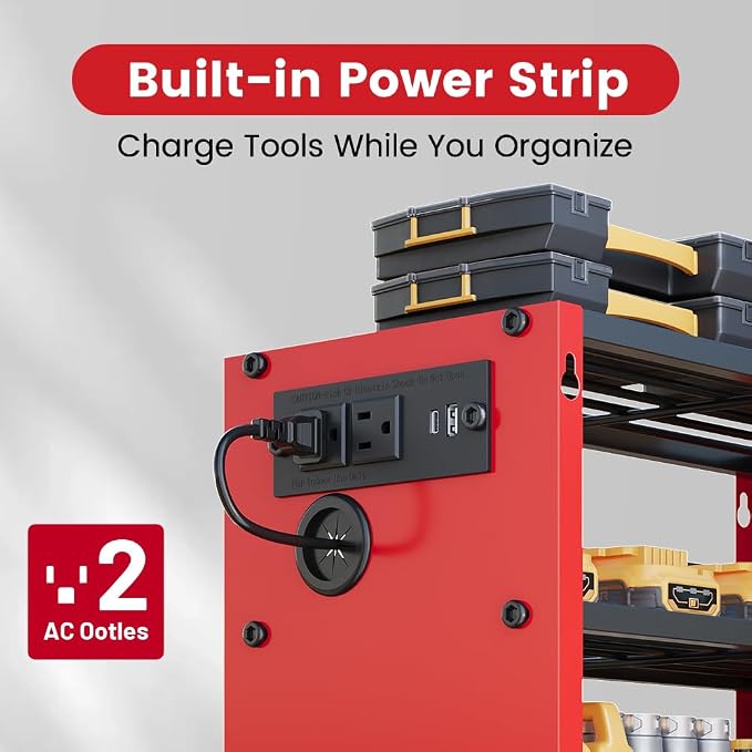 4-Tier Power Tool Organizer, Built-in 2-Outlet Charging Station for Small Garages, 400lb Capacity 12mm Steel Drill Holder & Battery Storage for DIY Home Workshops (4 Slots with 2 Outlets Power Strip)
