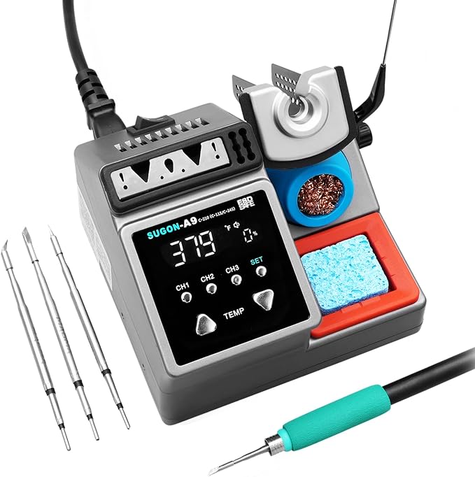 SUGON A9 210 Precision Soldering Stations 120W， LCD Display Digital Soldering Iron Kit,2 Seconds Fast Heating up 716℉, 3 Temperature Storage,212℉-842℉, ℃/℉,ESD,Quick Change Soldering Iron Tips Holder