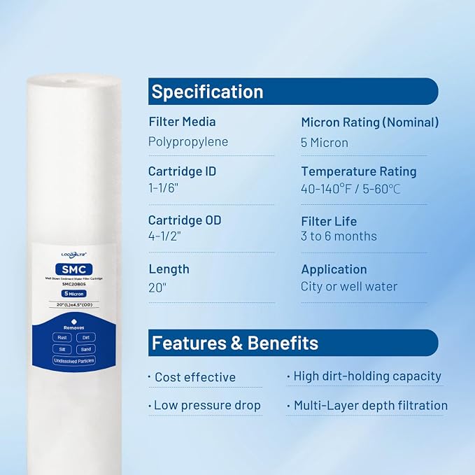 5 Micron 20" x 4.5" PP Whole House Water Filter Cartridge, 2 Pack | Sediment Water Filter Replacement for DGD-5005-20, 155358-43, SDC-45-2005, P5-20BB, FPMB-BB5-20, SP-DD-5005-20BB