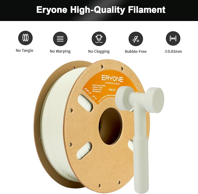 ERYONE Nylon 3D Printer Filament, Polyamide PA6 Glass Fiber Filament 1.75mm +/- 0.03mm, Stiff & Strong & Heat Resistant, 1kg (2.2LBS)/Spool, PA6 GF Natural Color
