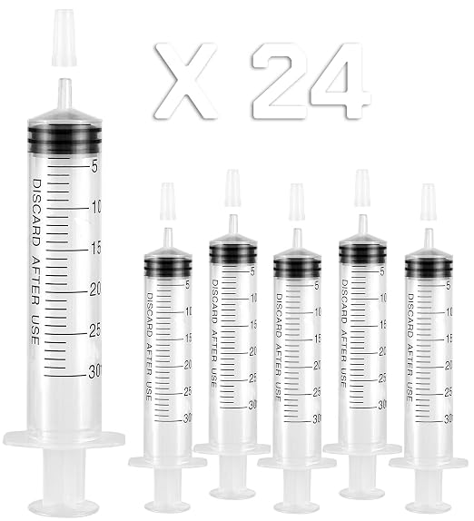 24 Pack Plastic 30ml Syringes with Cap, Sterile Syringe Individually Packaged for Labs, Liquid Measuring, Feeding Pets, Oil or Glue Applicator