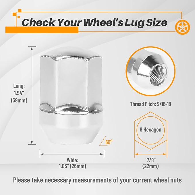 MIKKUPPA 9/16-18 OEM Wheel Lug Nuts, Replacement for 2005-2010 Dodge Dakota, 2004-2009 Durango, 2002-2011 Ram 1500 Factory Wheels, Chrome One-Piece Closed End Large Acorn Seat Tire Nuts
