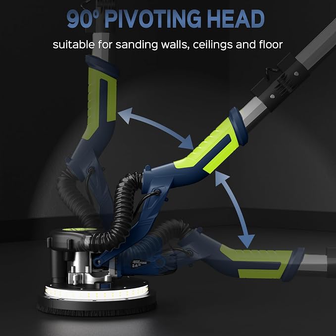 Drywall Sander, 2026 Upgraded 8-Amp Popcorn Ceiling Removal Tool with 7 Variable Speed 800-1800RPM, Drywall Sander with Vacuum Dust Collector with LED Light, Extendable Handle,12pcs Sanding Discs,Blue