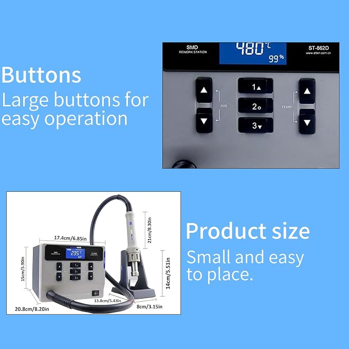 ST-862D Lead-free Hot Air Gun Soldering Station, 1000W Digital Display BGA Rework Station Automatic Sleep Repair Tool for PCB Chip Soldering Repair Desoldering Station