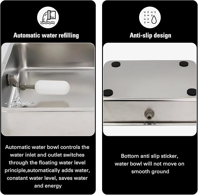 4 Gal Automatic Dog Water Bowl, Stainless Steel Auto Fill Livestock Waterer | Includes Hose & Float Valve. Fits 3/4" GHT. Rust-Proof. 2 Drinking Zones for Dog &Chicken Indoor & Outdoor Use
