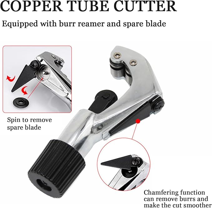 Flaring Tool Kit 3/16”-3/4” and 5-19mm, Single 45° 7 Dies Eccentric Tubing Flare Tool with Clutch Deburring Tool Cutter for Copper Pipe Tube(5 in 1 Set)