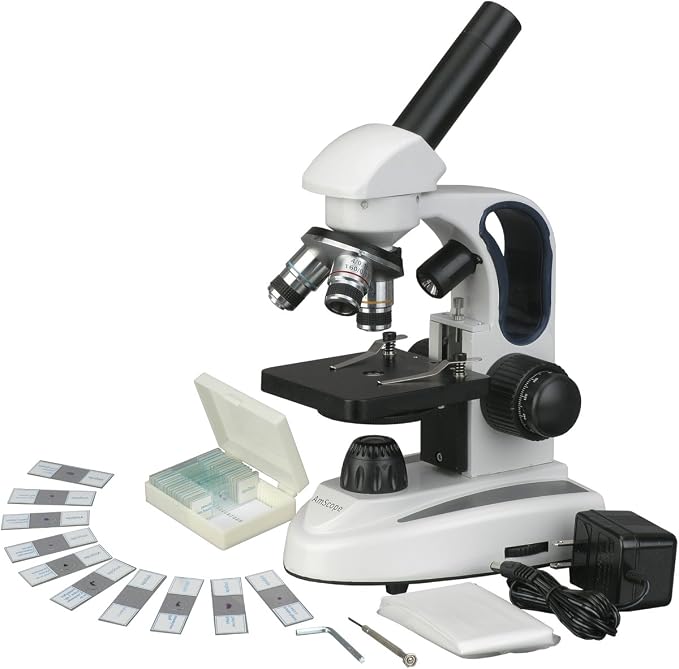 AmScope M158C-2L-PS25 Cordless Compound Monocular Microscope, WF10x and WF25x Eyepieces, 40x-1000x Magnification, Upper and Lower LED Illumination with Rheostat, Brightfield, Single-Lens Condenser, Coaxial Coarse and Fine Focus, Plain Stage, 110V or Ba...