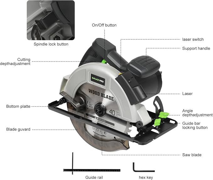 GALAX PRO 6000RPM 11Amp Corded Circular Saw with Laser | 0-45° Adjustable Bevel, Max Cutting Depth 2-1/2''(90°) to 1-7/8''(45°), 7-1/4 Inch Carpentry Blade for Wood Plastic Cuts