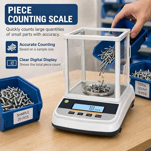 Lab Analytical Balance 500g x 0.001g Precision Digital Scale, with Windshield and RS232 Interface, for Scientific Laboratories, Research, Industrial, Kitchen, Food, Jewelry, 19 Units, 500g Weight