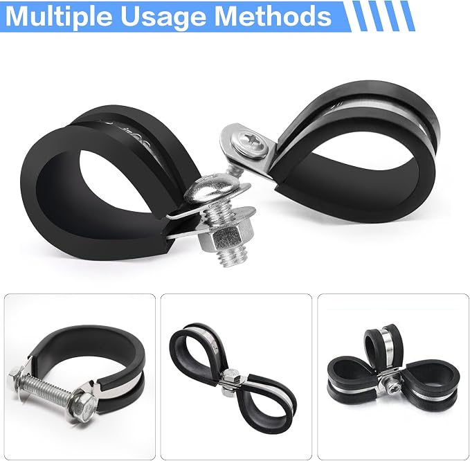 76PCS 3/8Inch(10mm) Cable Clamps, 304 Stainless Steel Wire Clamp, Rubber Metal Hose Clamps With 2 kinds of Screws for Wire Line Clips, Pipe, Hose Bracket, Wire Cord Automotive Installation