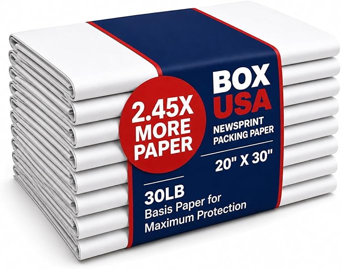 Box USA Packing Paper Sheets 20 x 30 (600 Sheets) - Newsprint Paper for Shipping, Storage and Moving Supplies, White