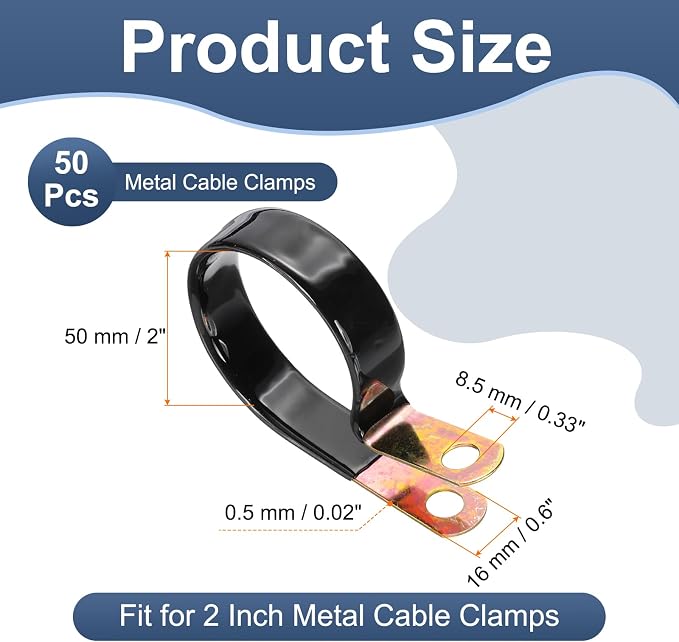PATIKIL 2 Inch Vinyl Coated Cable Clamps, 50 Pack Galvanized Steel Metal Cable Clips Rubber Cushion Insulated Pipe Clamps for Tube Lines Cord Wire Management, Black