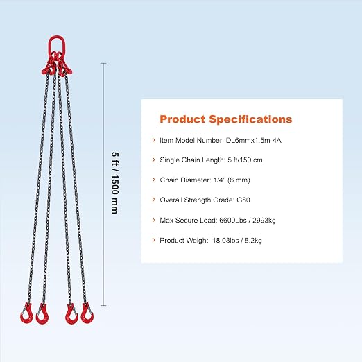 VEVOR Chain Sling, 1/4 inch x 5 ft Lifting Chains with Hooks, G80 Engine Chain Hoist Lifts, 6600 lbs/3 Ton Lifting Sling Chains for Engine Hoist, Engine Lift Chain with 4 Leg Grab Hooks and Adjusters