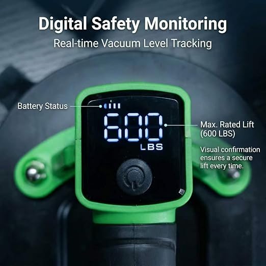 Heavy Duty Suction Cups for Glass Lifting, 600LBS Battery Powered Suction Tool with Digital Display, 4x2400mAh Batteries, Electric Lifter for Granite, Tile, Metal, Large Glass