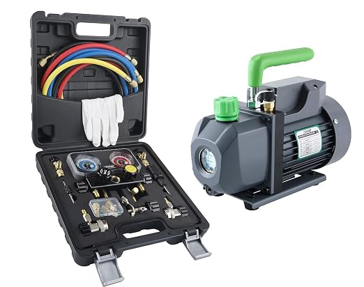 Lichamp HVAC R410A Manifold Gauge Set AC R134A, Freon R22 R32 410A 134A Diagnostic Manifold Gauge and 1/4 HP 3.5 CFM Vacuum Pump, HVAC Single Stage Vacuum Pump for R134a R410a R22 R12