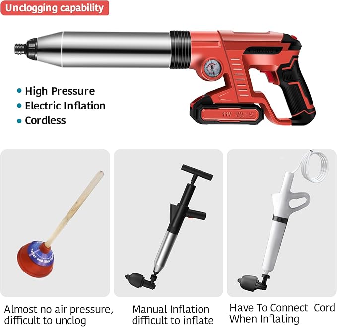 Electric Toilet Plunger，Drain Clog Remover Tools,High Pressure Air Toilet Plungers Heavy Duty Plunger For Toilet,Bathroom,Floor Drain,Sewer,Pipe，RED
