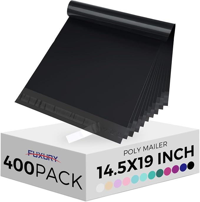 Fuxury Poly Mailers 14.5x19" 400 Pcs Bulk Black Shipping Bags for Clothing | Strong Adhesive Shipping Envelopes for Small Business Suppliers Waterproof Mailers Poly Bags Mailing Envelopes