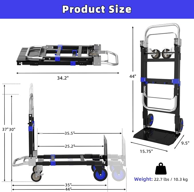 3 in 1 Hand Truck, 600Lbs Capacity, Heavy Duty Collapsible Cart with Retractable Handle, Dolly Cart with 2 Universal Wheel with Brake for Moving Home, Office, School, Shopping, Warehouse, Blue