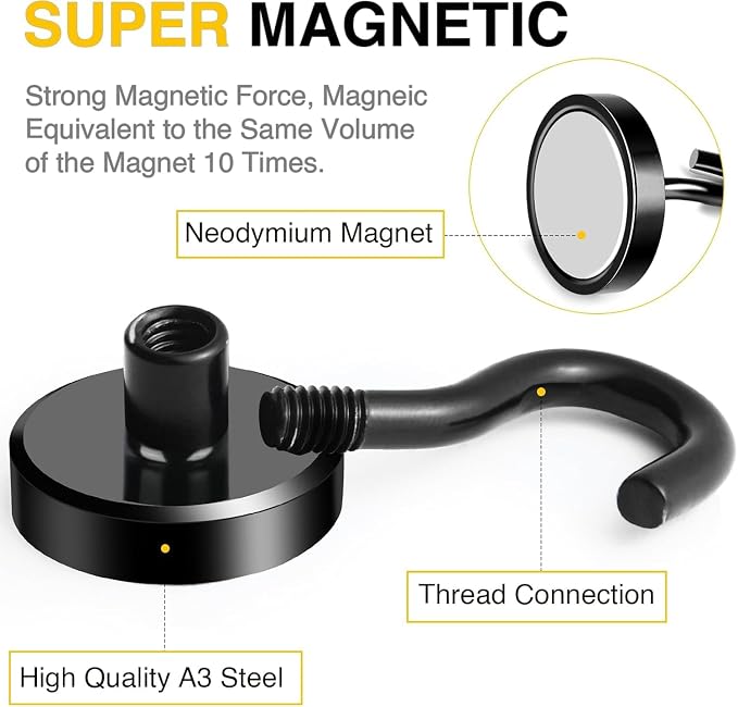 DIYMAG Magnetic Hooks, 85 LB Black Heavy Duty Strong Magnet with Hook, Rare Earth Neodymium Magnets for Hanging, Magnetics Hanger for Curtain, Home, Kitchen, Workplace, 12 Packs,