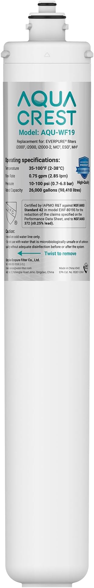 AQUA CREST I2000 2 Under Sink Water Filter, Replacement for Pentair® Everpure I2000 2, EV9612-22, MC2, ESO7, MH2, EV9612-56, EV9607-25, EV9613-21, NSF/ANSI 42 Certified, 26000 Gallons