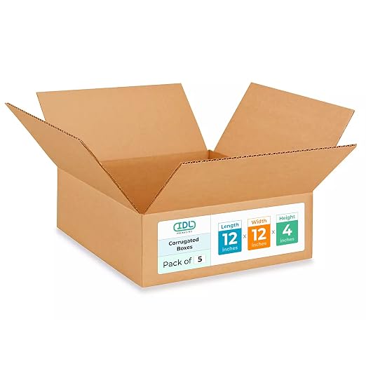 Medium Moving & Shipping Boxes 12 x 12 x 4 inches (5-Pack) - Extra Strength 200 lb vs Regular - USA-Made Corrugated Durable Packaging Boxes - Cardboard Packing Box by IDL Packaging, brown