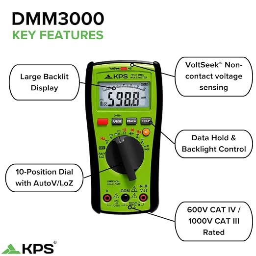 KPS DMM3000 TRMS Multimeter – 1000V with NCV, Low-Pass Filter & Temp Probe | Excellent for Field Technicians and Troubleshooting
