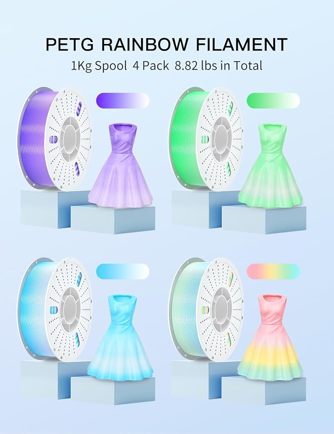 PINBALL PETG Rainbow 3D Printer Filament 4KG, Multicolor PETG Filament 1.75mm, 4kg Pack, Purple+Green +Blue+Red