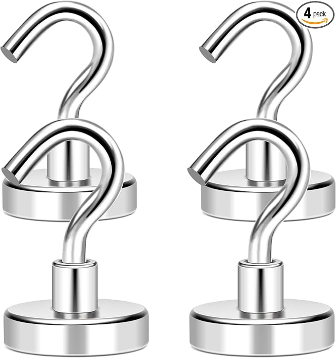 MIKEDE Magnetic Hooks 50Lbs+ Heavy Duty Magnet Hook for Cruise Cabins | Super Neodymium Hanging Hooks Strong Magnets with Hook for Fridge Magnetic Hanger for Grill Toolbox Storage Pack of 4