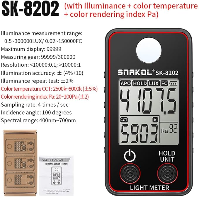 Karlak Color Temperature Tester High Precise Illuminance Meter 0.5-300000LUX LED Illumination Test Meter Photographic Luminance Measuring Device