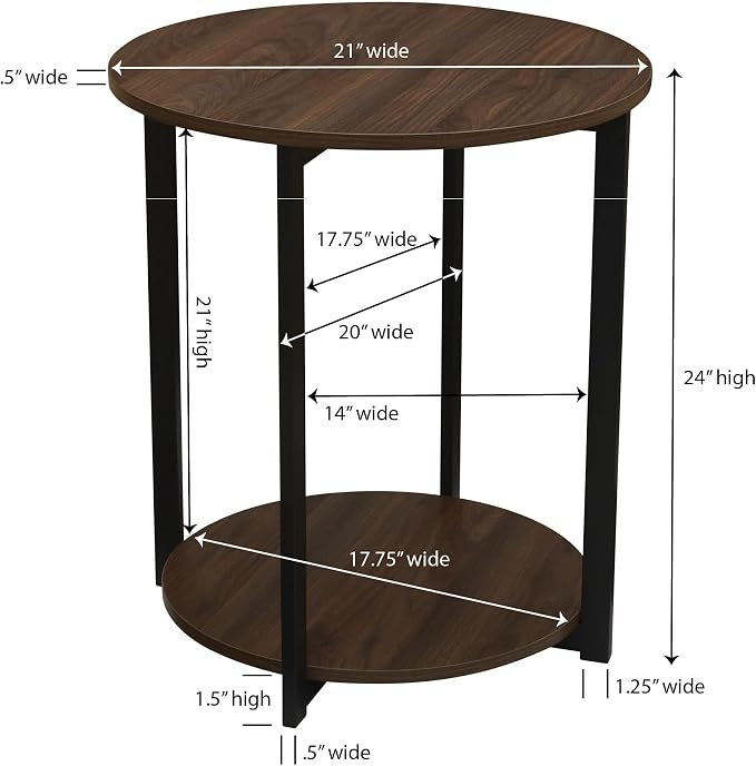 Household Essentials Jamestown Round Side End Table with Storage Shelf Mid Century Walnut Wood Grain and Black Metal