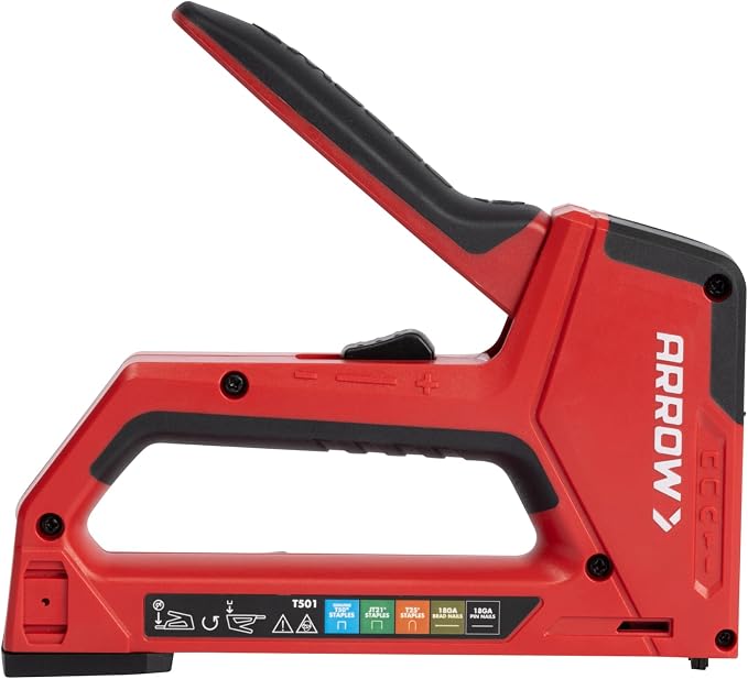 Arrow Fastener 5IN1MKIT-AM T501 5-in-1 Manual Staple & Nail Gun Kit, Wire Stapler, and Brad Nailer for Wood, Upholstery, Insulation, Includes Staple Remover & 640 Staples & Nails, Black/Red