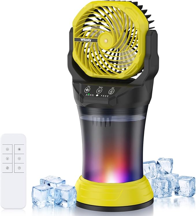 Wilody Misting Fan Portable Battery Powered, Camping Fan with RGB Ambient Light with 2L Bucket, Battery Indicator, 120° Auto Oscillating, Timing Function, Grip Handle(Yellow)